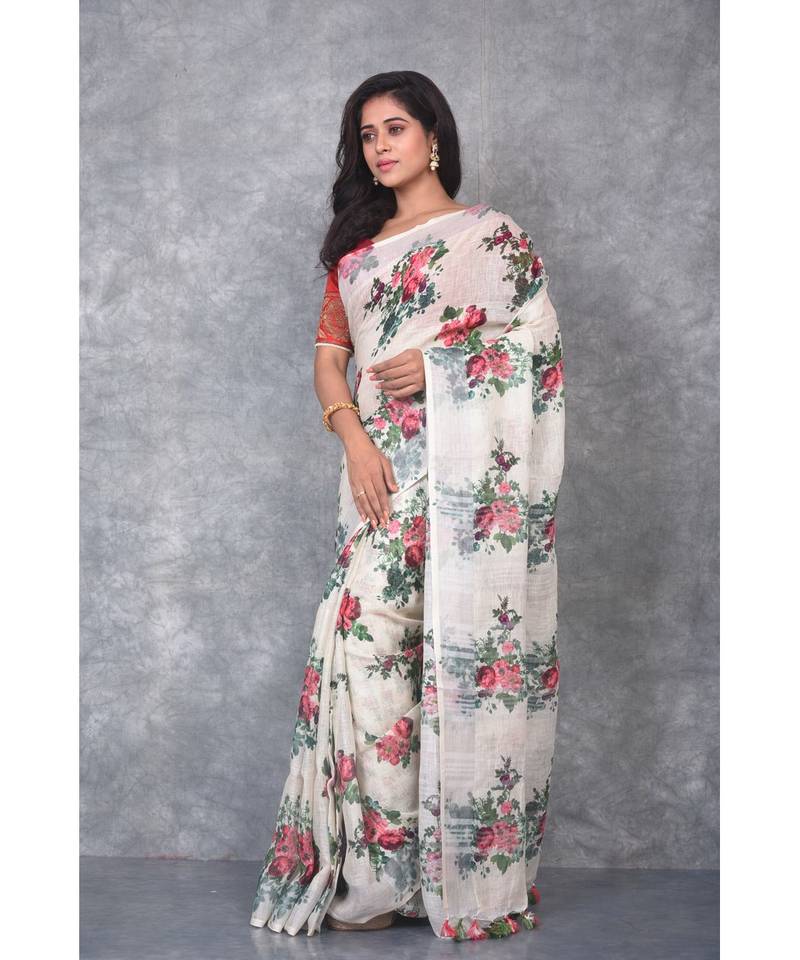 multicolor Handloom Linen digital print sarees