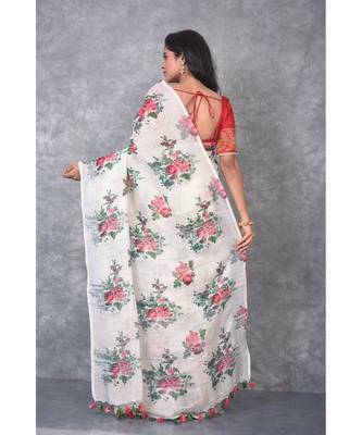 multicolor Handloom Linen digital print sarees 3