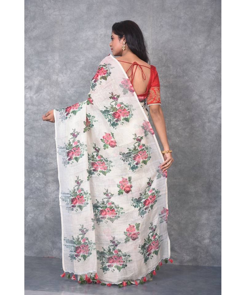 multicolor Handloom Linen digital print sarees