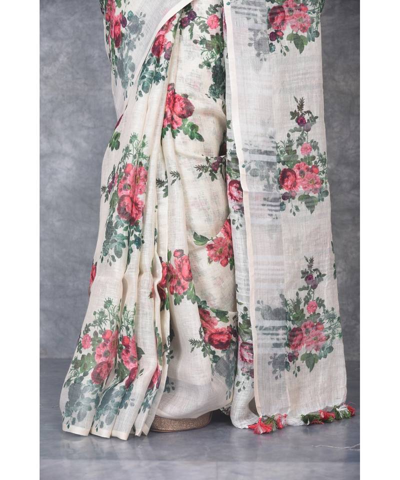 multicolor Handloom Linen digital print sarees