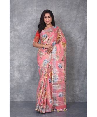 multicolor Handloom Linen digital print sarees 1