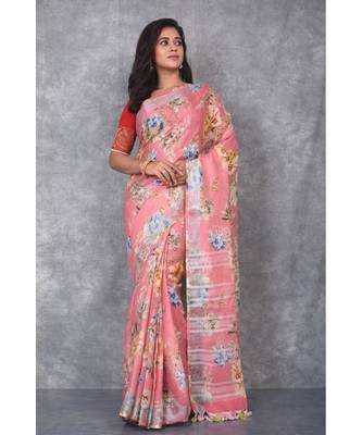 multicolor Handloom Linen digital print sarees 2