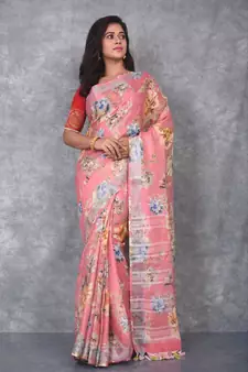 multicolor Handloom Linen digital print sarees