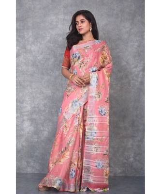 multicolor Handloom Linen digital print sarees 3
