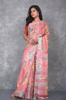 multicolor Handloom Linen digital print sarees