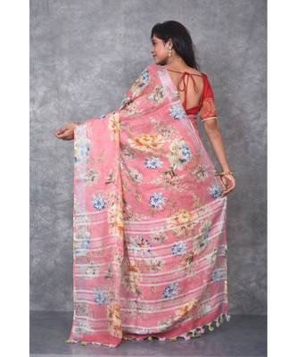 multicolor Handloom Linen digital print sarees 4