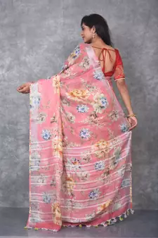 multicolor Handloom Linen digital print sarees