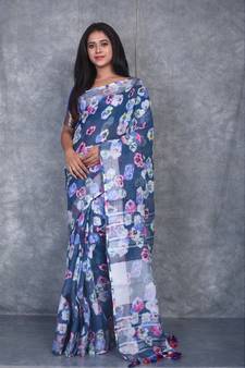 multicolor Handloom Linen digital print sarees
