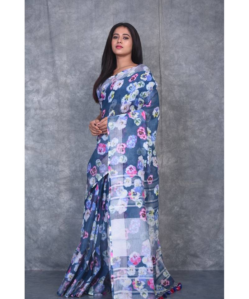 multicolor Handloom Linen digital print sarees