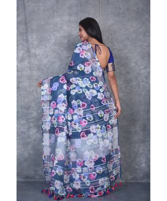 multicolor Handloom Linen digital print sarees 3