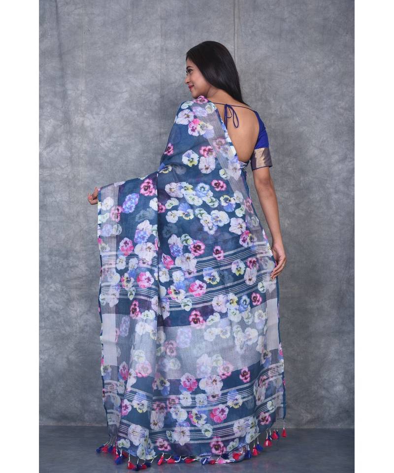 multicolor Handloom Linen digital print sarees