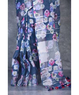 multicolor Handloom Linen digital print sarees 4