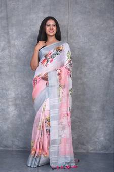 multicolor Handloom Linen digital print sarees