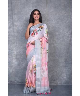 multicolor Handloom Linen digital print sarees 1