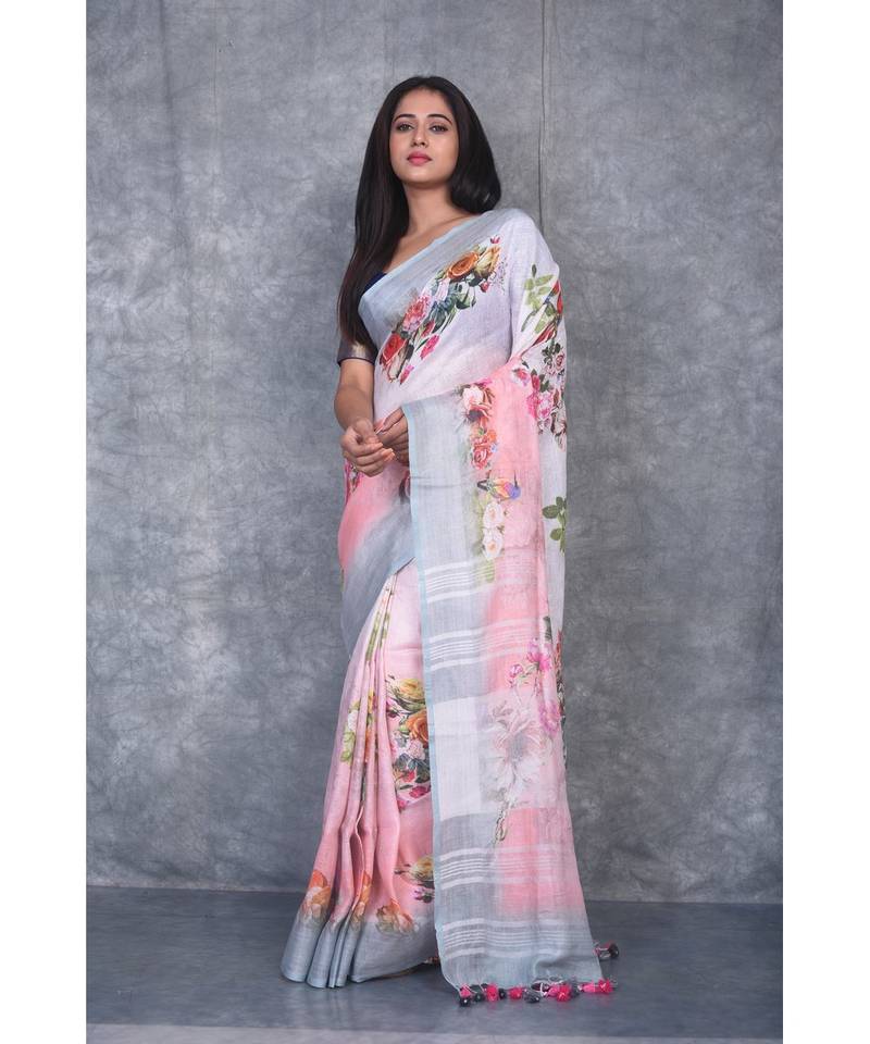multicolor Handloom Linen digital print sarees