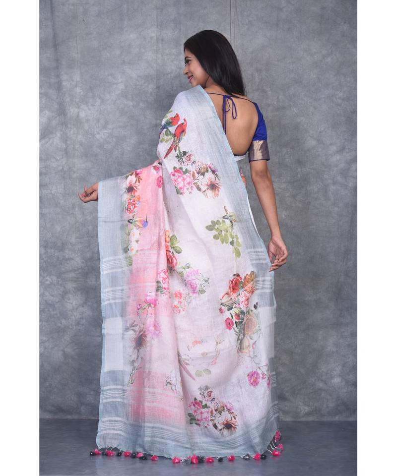 multicolor Handloom Linen digital print sarees