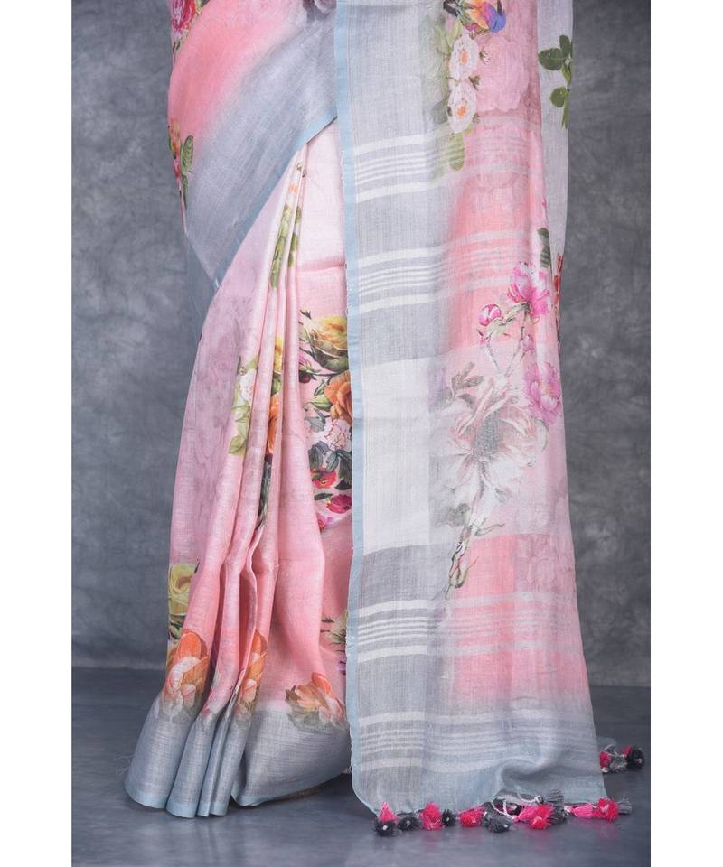 multicolor Handloom Linen digital print sarees