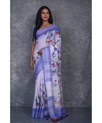multicolor Handloom Linen digital print sarees 1