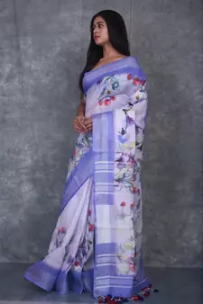 multicolor Handloom Linen digital print sarees