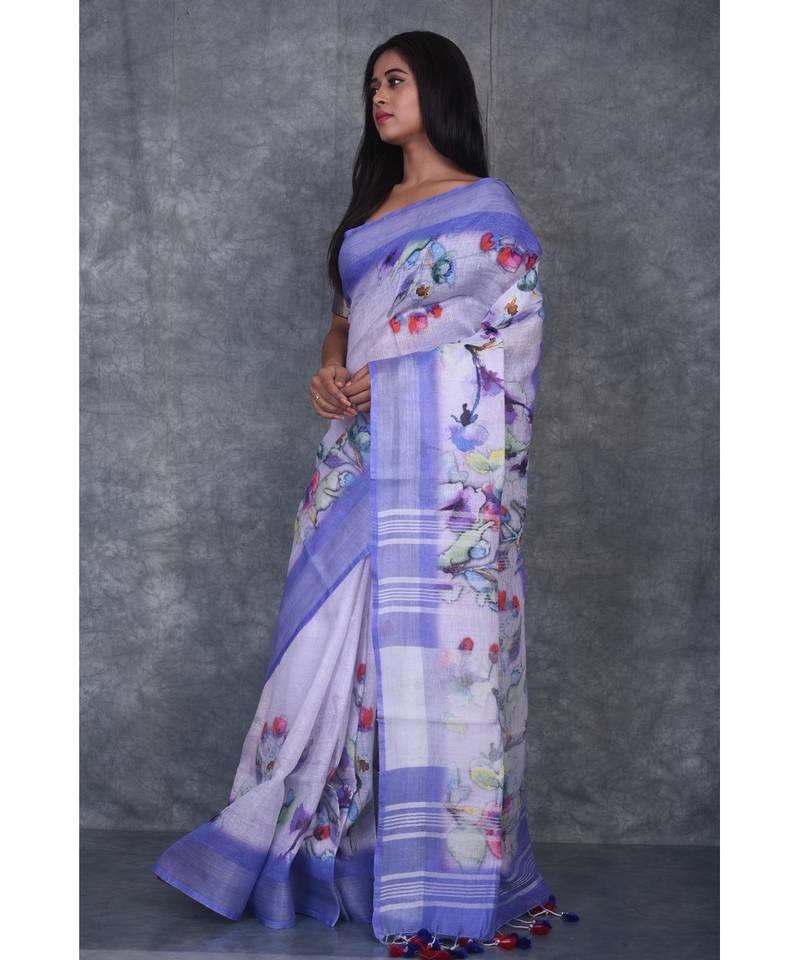 multicolor Handloom Linen digital print sarees