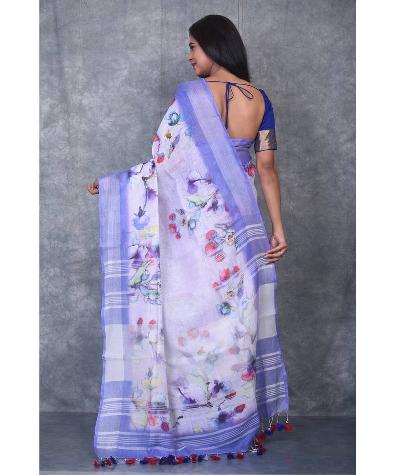 multicolor Handloom Linen digital print sarees