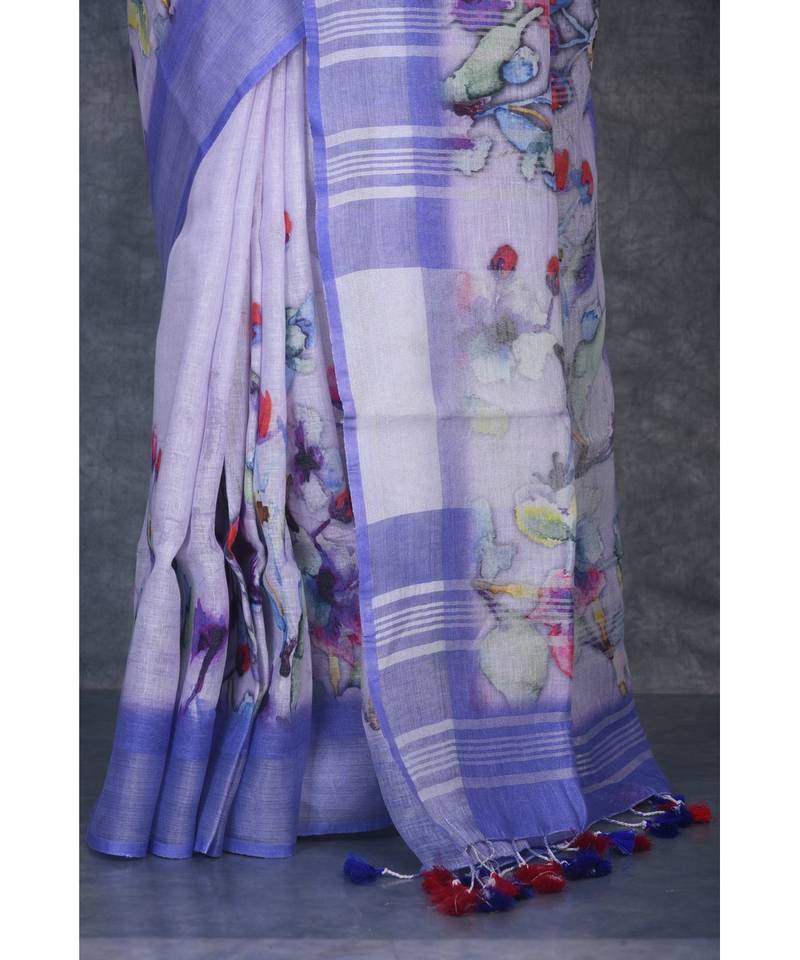 multicolor Handloom Linen digital print sarees