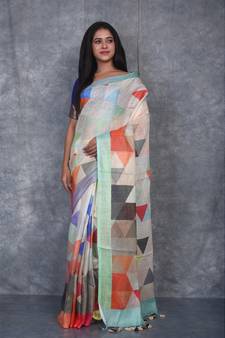 multicolor Handloom Linen digital print sarees