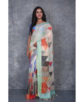 multicolor Handloom Linen digital print sarees 1