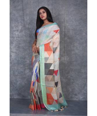 multicolor Handloom Linen digital print sarees 2