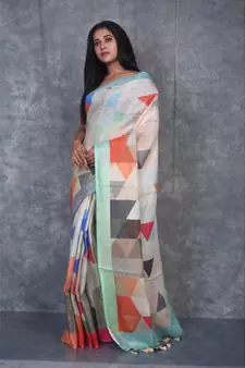 multicolor Handloom Linen digital print sarees