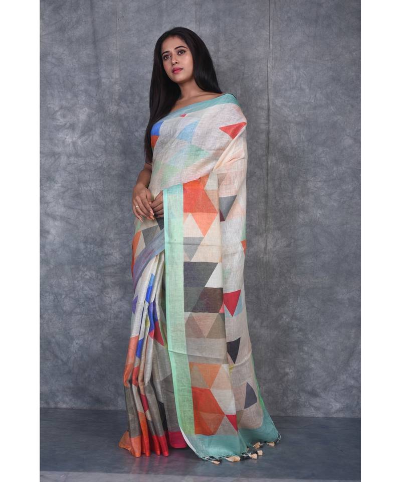multicolor Handloom Linen digital print sarees