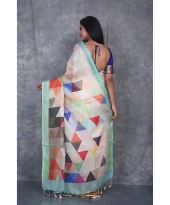 multicolor Handloom Linen digital print sarees 3
