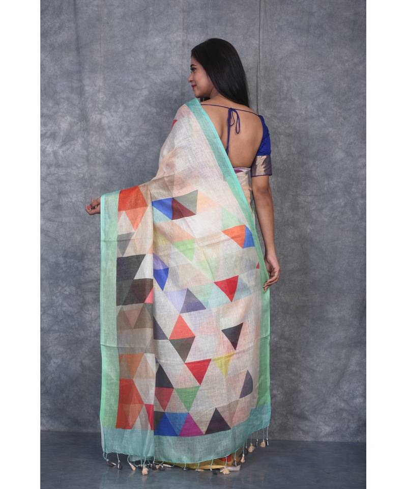 multicolor Handloom Linen digital print sarees