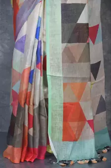 multicolor Handloom Linen digital print sarees