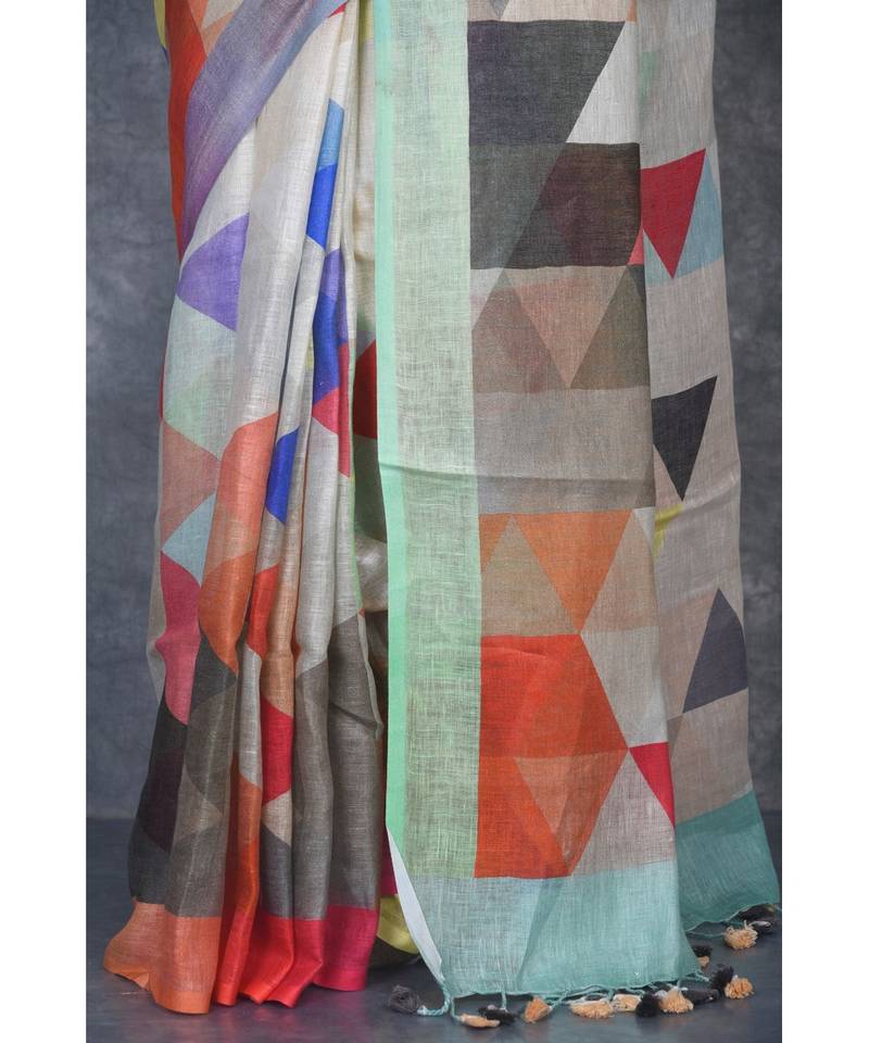 multicolor Handloom Linen digital print sarees