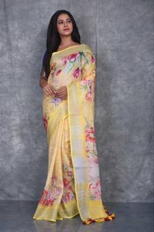multicolor Handloom Linen digital print sarees