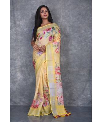 multicolor Handloom Linen digital print sarees 1