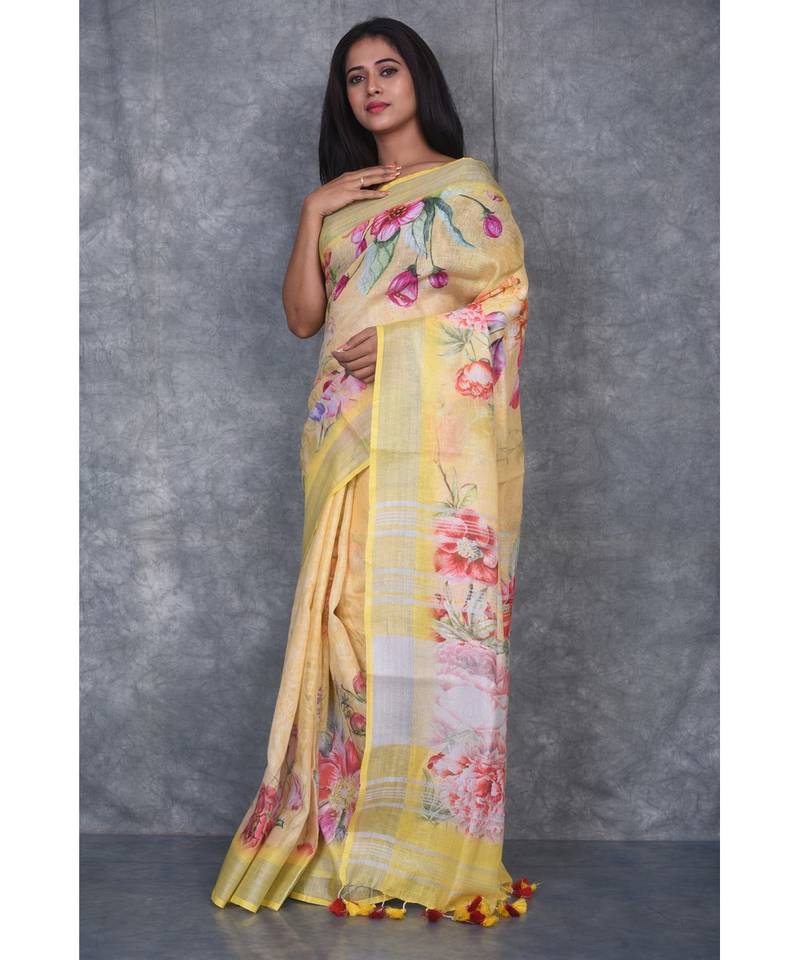 multicolor Handloom Linen digital print sarees