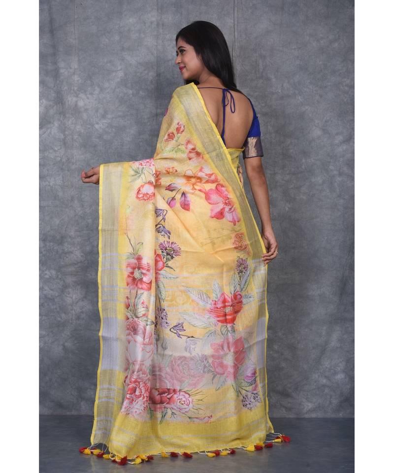 multicolor Handloom Linen digital print sarees