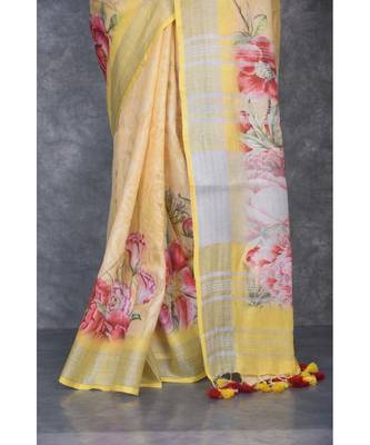 multicolor Handloom Linen digital print sarees 4