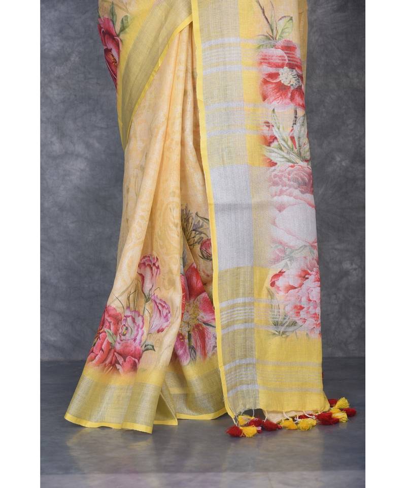 multicolor Handloom Linen digital print sarees