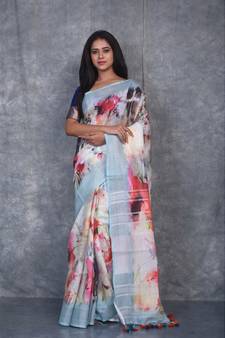multicolor Handloom Linen digital print sarees