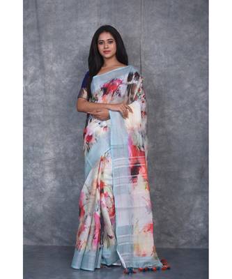 multicolor Handloom Linen digital print sarees 1