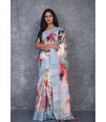multicolor Handloom Linen digital print sarees