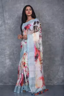 multicolor Handloom Linen digital print sarees