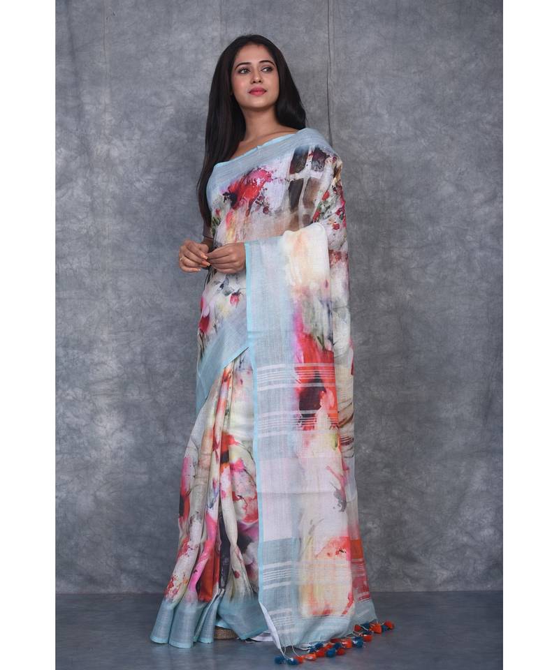 multicolor Handloom Linen digital print sarees
