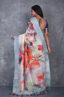 multicolor Handloom Linen digital print sarees