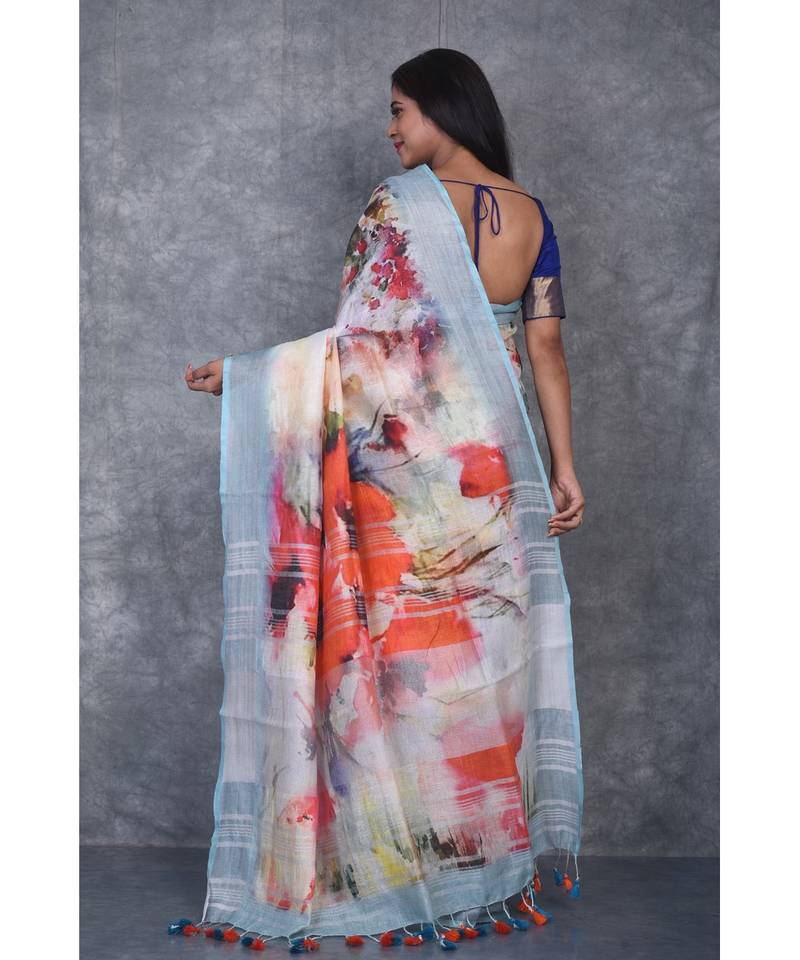 multicolor Handloom Linen digital print sarees