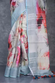 multicolor Handloom Linen digital print sarees