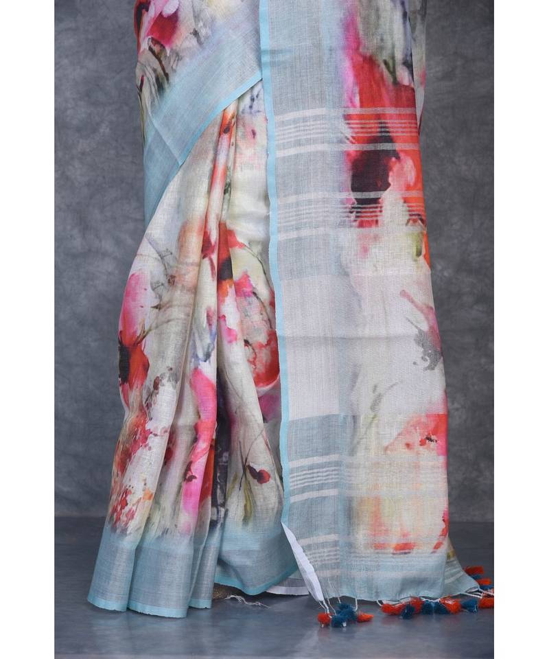multicolor Handloom Linen digital print sarees